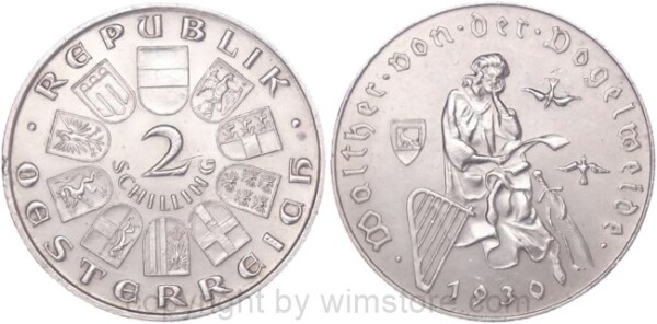 1. Republik, 2 Schilling 1930, Walther von der Vogelweide, J 432, Silber, vz