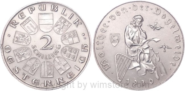 1. Republik, 2 Schilling 1930, Walther von der Vogelweide, J 432, Silber, vz