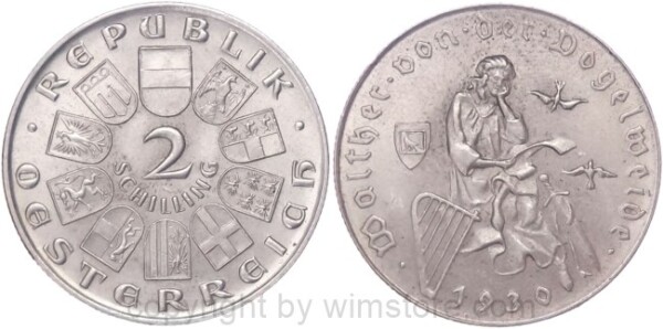 1. Republik, 2 Schilling 1930, Walther von der Vogelweide, J 432, Silber, vz