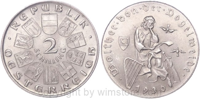 1. Republik, 2 Schilling 1930, Walther von der Vogelweide, J 432, Silber, vz