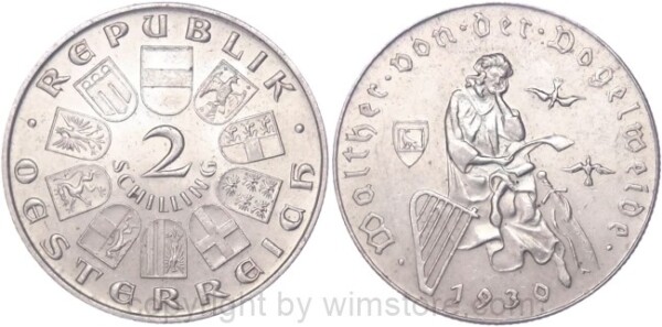 1. Republik, 2 Schilling 1930, Walther von der Vogelweide, J 432, Silber, vz