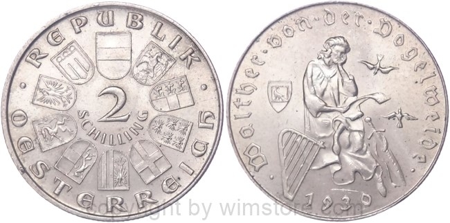 1. Republik, 2 Schilling 1930, Walther von der Vogelweide, J 432, Silber, vz