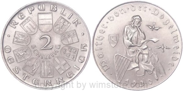 1. Republik, 2 Schilling 1930, Walther von der Vogelweide, J 432, Silber, vz