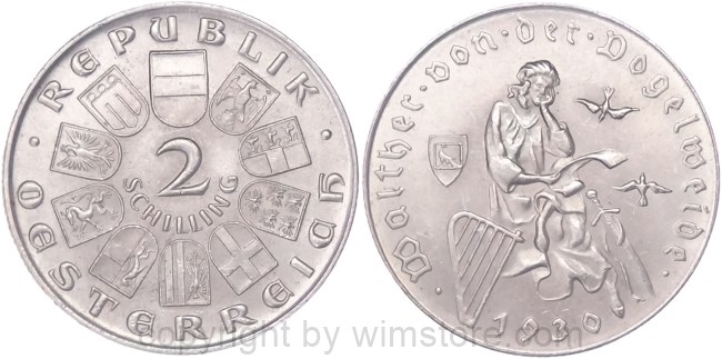 1. Republik, 2 Schilling 1930, Walther von der Vogelweide, J 432, Silber, vz