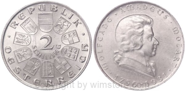1. Republik, 2 Schilling 1931, Wolfgang Amadeus Mozart, J 433, Silber, vz