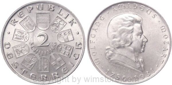 1. Republik, 2 Schilling 1931, Wolfgang Amadeus Mozart, J 433, Silber, vz