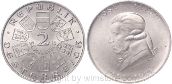 1. Republik, 2 Schilling 1932, Joseph Haydn, J 434, Silber, vz