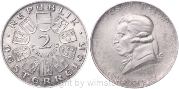 1. Republik, 2 Schilling 1932, Joseph Haydn, J 434, Silber, vz, fleckig