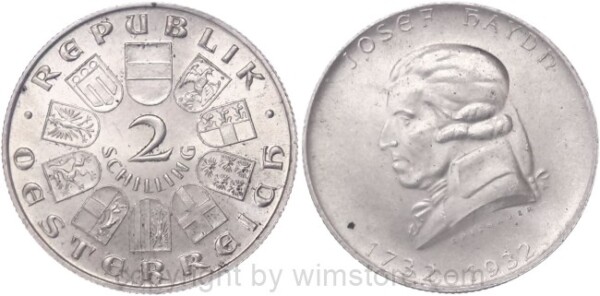 1. Republik, 2 Schilling 1932, Joseph Haydn, J 434, Silber, vz, fleckig