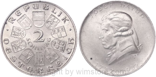 1. Republik, 2 Schilling 1932, Joseph Haydn, J 434, Silber, vz, fleckig