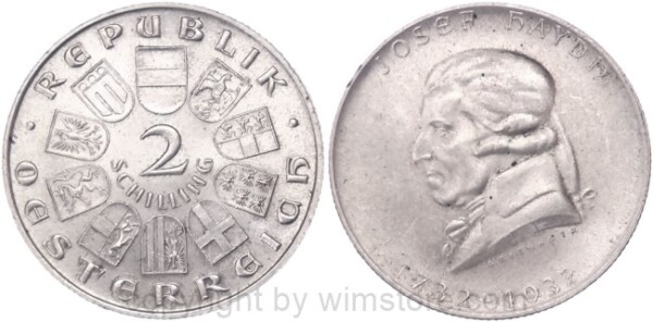 1. Republik, 2 Schilling 1932, Joseph Haydn, J 434, Silber, vz, fleckig