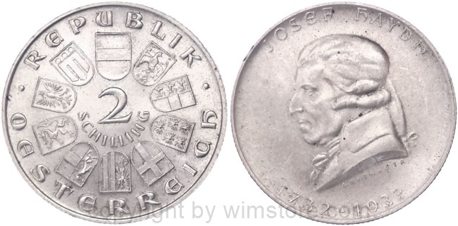 1. Republik, 2 Schilling 1932, Joseph Haydn, J 434, Silber, vz, fleckig