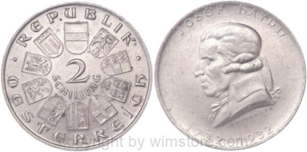 1. Republik, 2 Schilling 1932, Joseph Haydn, J 434, Silber, vz, fleckig