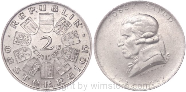 1. Republik, 2 Schilling 1932, Joseph Haydn, J 434, Silber, vz, fleckig