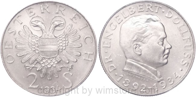 1. Republik, 2 Schilling 1934, Dr. Engelbert Dollfuss, J 441, Silber, vz