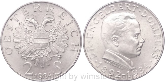 1. Republik, 2 Schilling 1934, Dr. Engelbert Dollfuss, J 441, Silber, vz