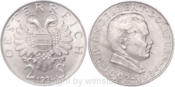 1. Republik, 2 Schilling 1934, Dr. Engelbert Dollfuss, J 441, Silber, vz, fleckig