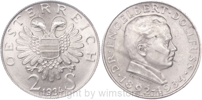 1. Republik, 2 Schilling 1934, Dr. Engelbert Dollfuss, J 441, Silber, vz, fleckig