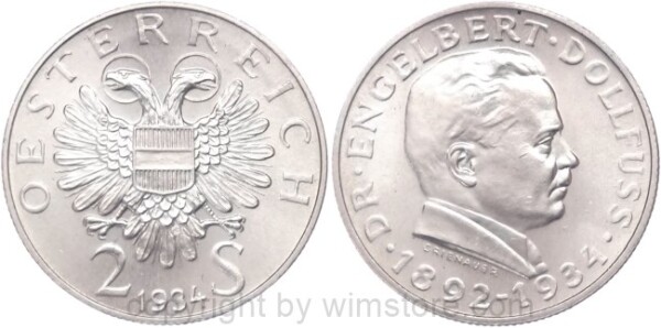 1. Republik, 2 Schilling 1934, Dr. Engelbert Dollfuss, J 441, Silber, vz-st