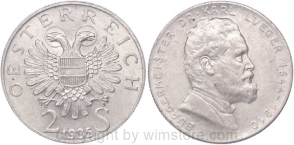 1. Republik, 2 Schilling 1935, Dr. Karl Lueger, J 442, Silber, ss