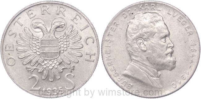 1. Republik, 2 Schilling 1935, Dr. Karl Lueger, J 442, Silber, ss