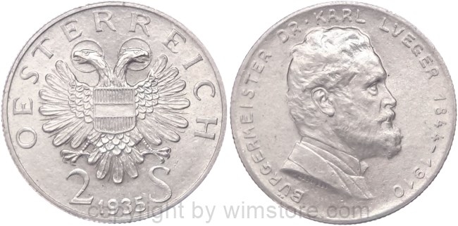 1. Republik, 2 Schilling 1935, Dr. Karl Lueger, J 442, Silber, vz