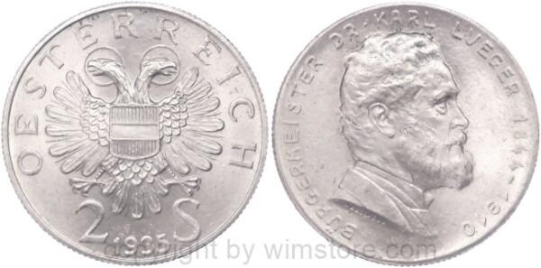 1. Republik, 2 Schilling 1935, Dr. Karl Lueger, J 442, Silber, vz