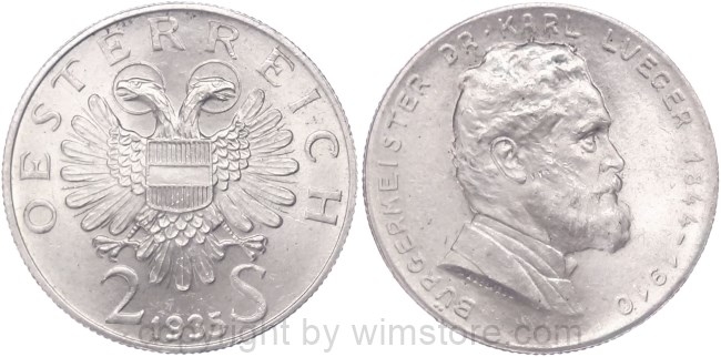 1. Republik, 2 Schilling 1935, Dr. Karl Lueger, J 442, Silber, vz