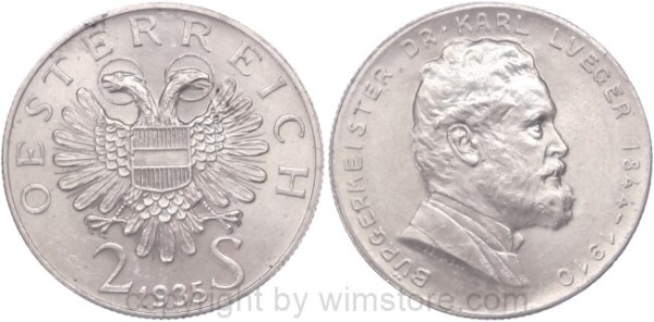 1. Republik, 2 Schilling 1935, Dr. Karl Lueger, J 442, Silber, vz, fleckig