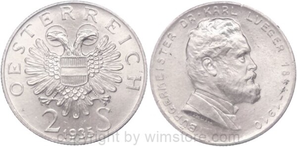 1. Republik, 2 Schilling 1935, Dr. Karl Lueger, J 442, Silber, vz, fleckig