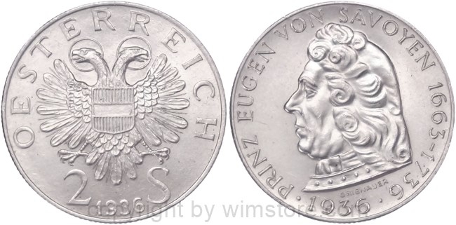 1. Republik, 2 Schilling 1936, Prinz Eugen von Savoyen, J 443, Silber, vz-st