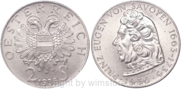 1. Republik, 2 Schilling 1936, Prinz Eugen von Savoyen, J 443, Silber, vz-st
