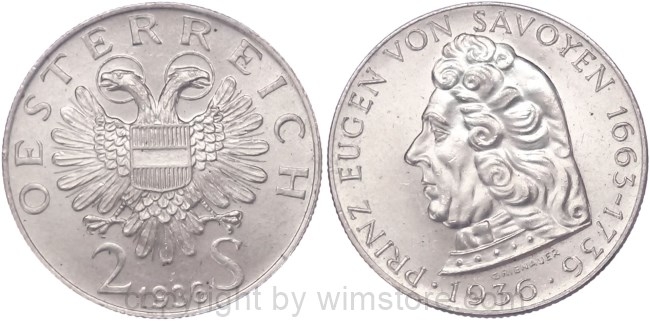 1. Republik, 2 Schilling 1936, Prinz Eugen von Savoyen, J 443, Silber, vz-st