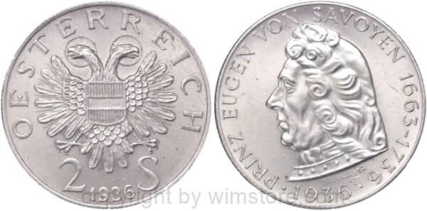 1. Republik, 2 Schilling 1936, Prinz Eugen von Savoyen, J 443, Silber, vz-st