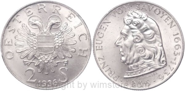 1. Republik, 2 Schilling 1936, Prinz Eugen von Savoyen, J 443, Silber, vz-st, Fleck