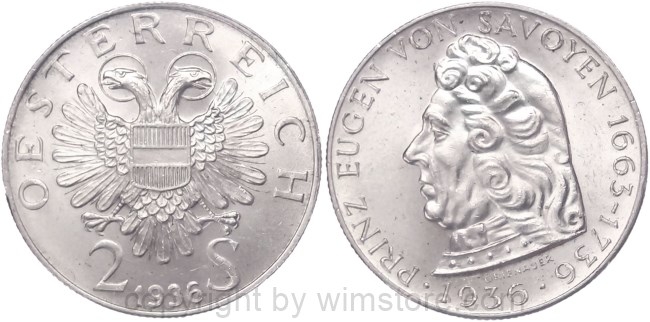 1. Republik, 2 Schilling 1936, Prinz Eugen von Savoyen, J 443, Silber, vz-st, Fleck