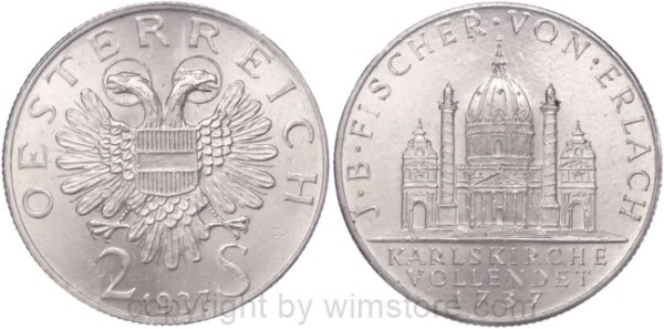 1. Republik, 2 Schilling 1937, J.B. Fischer von Erlach, J 444, Silber, vz
