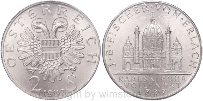 1. Republik, 2 Schilling 1937, J.B. Fischer von Erlach, J 444, Silber, vz