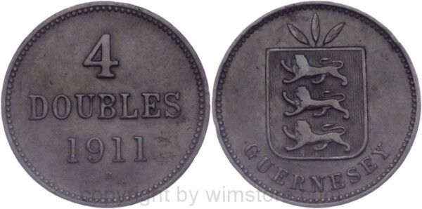 Guernsey, 4 Doubles 1911 H, KM 5, Kupfer, ss, Randschäden