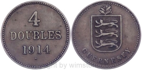 Guernsey, 4 Doubles 1914 H, KM 13, Kupfer, ss