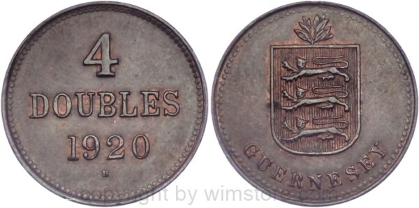 Guernsey, 4 Doubles 1920 H, KM 13, Kupfer, vz