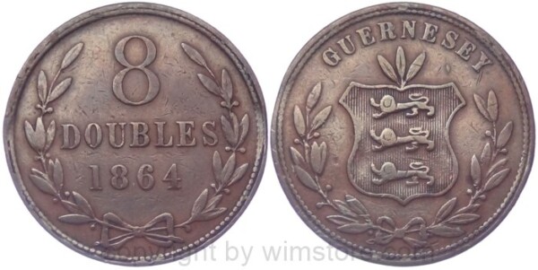 v35153 Guernsey, 8 Doubles 1864, KM 7, Bronze, s-ss