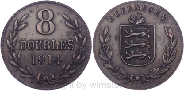 v35157 Guernsey, 8 Doubles 1914 H, KM 14, Bronze, ss