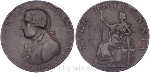 Großbritannien - Scarce Britain, Rule Britannia, John Howard Halfpenny Token 1795, Kupfer, s, Randschäden
