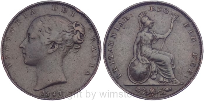 Großbritannien, Farthing 1847, KM 725, Kupfer, -ss, Randschäden