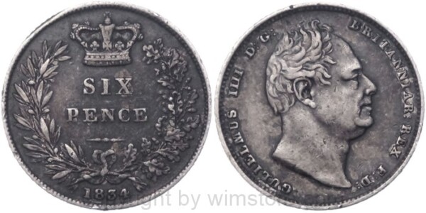 Großbritannien, 6 Pence 1834, KM 712, Silber, ss, kl. Rs.
