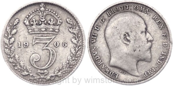 Großbritannien, 3 Pence 1906, KM 797.2, Silber, -ss