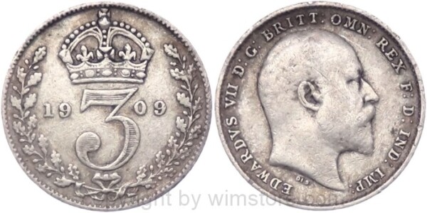 Großbritannien, 3 Pence 1909, KM 797.2, Silber, ss