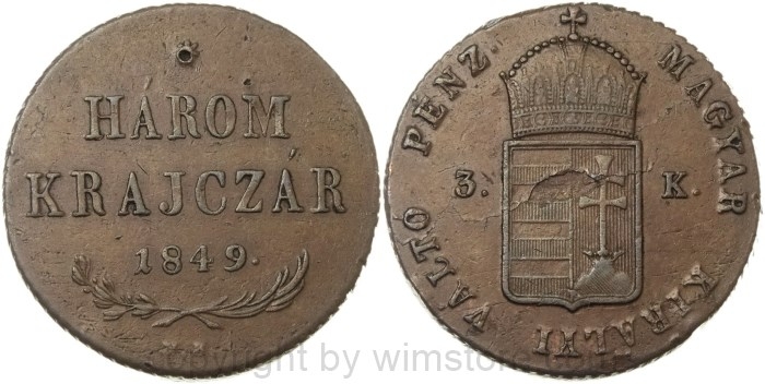 Revolution Ungarn, 1848 - 1849, Harom Krajczar 1849 NB, J 268, Kupfer, ss, Bohrversuch und Schrötlingsfehler