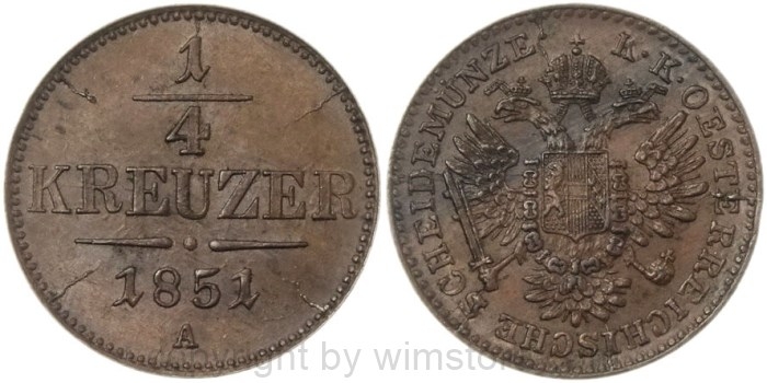 Franz Josef I., 1/4 Kreuzer 1851 A, KM 2181, Kupfer, ss-vz, einige Stempelrisse